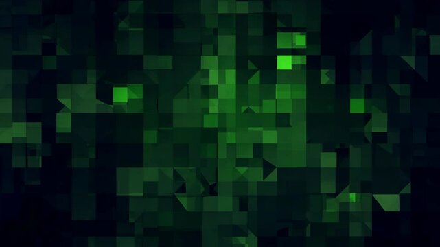 Abstract pulsing green squares dark background. Animated glowing pixel grid for technology digital presentation, or title screen backdrop for modern design geometric theme. 