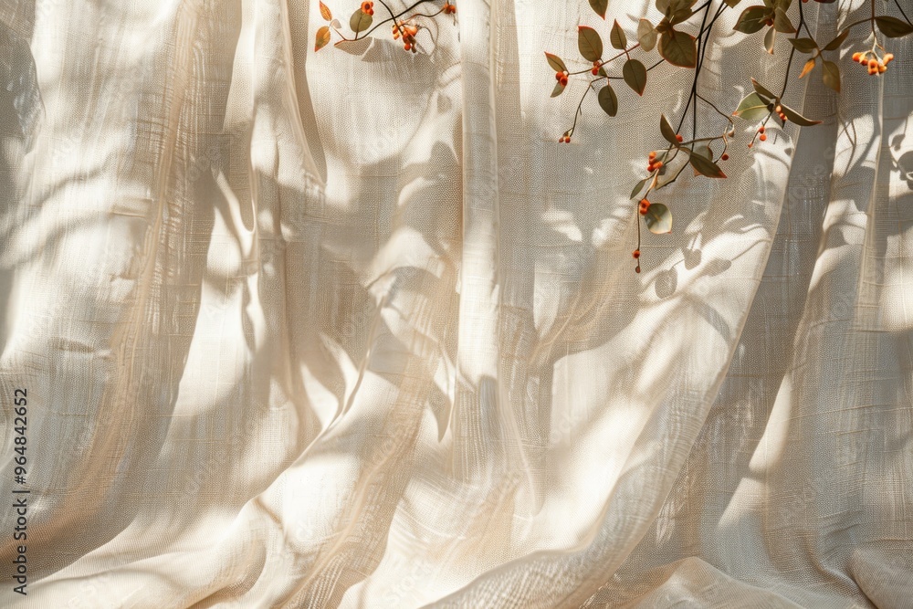 Poster sunlight streams through light-colored curtains, creating beautiful patterns of shadows on the walls