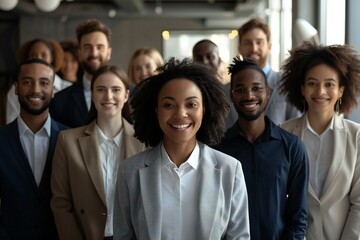 Obraz premium diverse group of male and female businesspeople smiling and engaging in an online video conference meeting.
