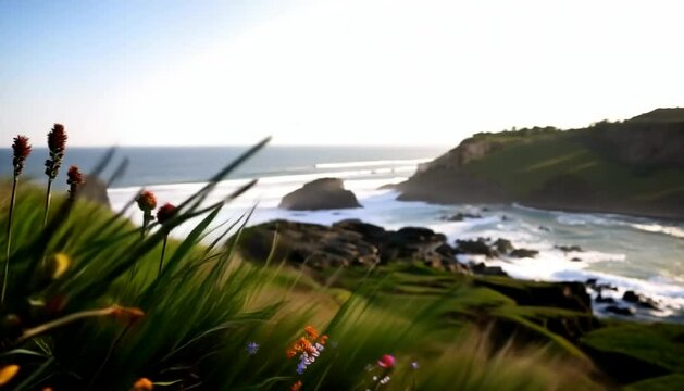power of wind on coastal bluffs with grass, wildflowers bending in wind, waves crashing below