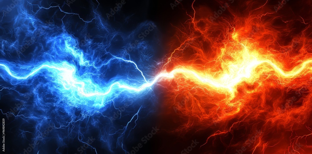 Aufkleber illustration depicting an abstract concept of dynamic fire and ice featuring lightning plasma and en