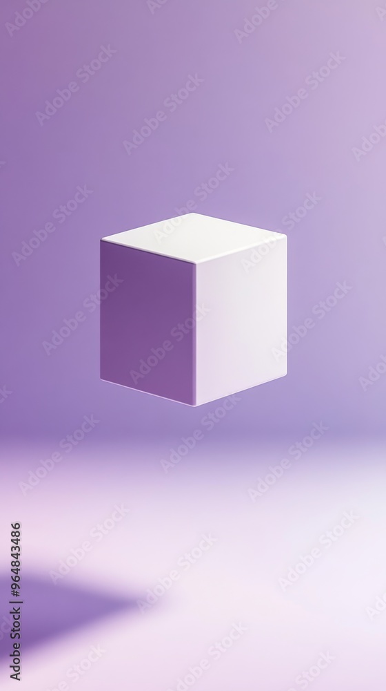 Poster floating white cube with purple gradient background
