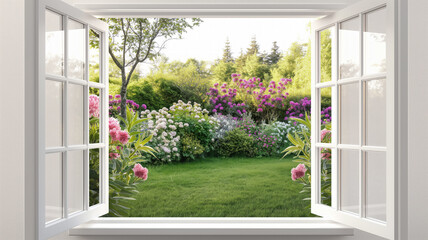 Open window revealing a beautiful garden with vibrant flowers and lush greenery. The serene and colorful landscape creates an inviting and tranquil atmosphere © Bonsales