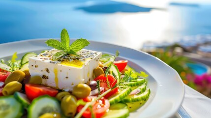 Fresh Mediterranean salad featuring feta cheese, vegetables, and olives, perfect for a healthy meal with a beautiful view.