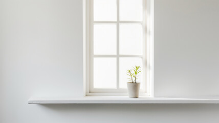 Minimalist white window with a small potted plant on the windowsill. Bright natural light creates a serene and simple atmosphere