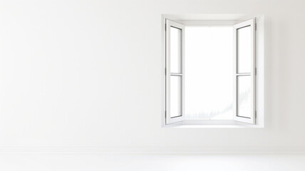 Open white window on plain white wall. Minimalist design with soft natural light creating an airy feel