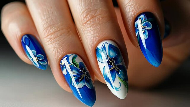 Elegant blue floral nail art design showcasing intricate hand-painted details and vibrant colors for a stunning manicure experience