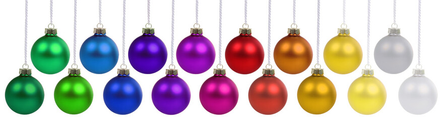 Christmas balls collection of baubles banner decoration ornaments hanging isolated on white
