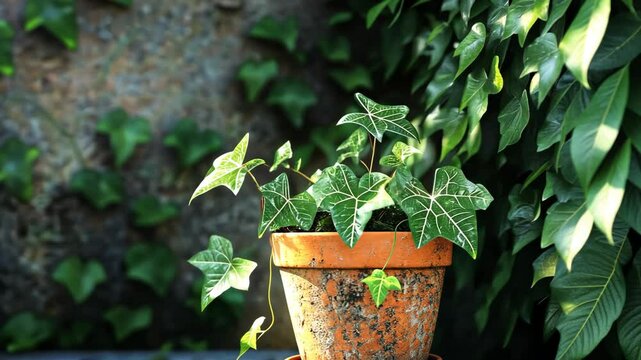 Growing beautiful ivy indoors in a sunny corner of a cozy room during the afternoon