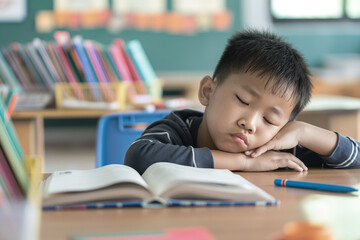 Young boy asleep at his desk in a classroom with his head resting on his arms. Open book and colorful stationery on the desk, bookshelves and a chalkboard in the background