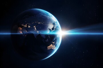 Fototapeta premium Earth viewed from space, illuminated by light, star filled backdrop, mesmerizing horizon