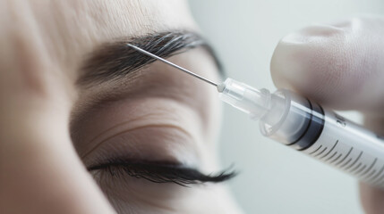 Close-up of cosmetic procedure with syringe near eyebrow, beauty treatment, skincare, anti-aging concept