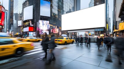 A dynamic stock photo of an empty billboard positioned on a busy city street, with pedestrians and traffic passing by.