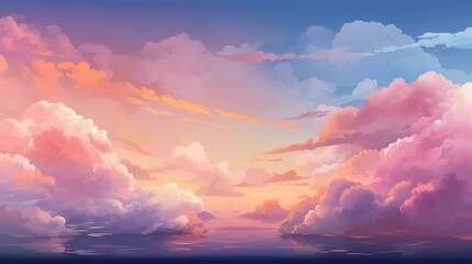 Golden Sunset, Vibrant Sky. Majestic Cloudscape with Warm Hues. Serene and Peaceful Atmosphere