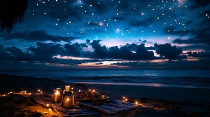 Romantic night picnic on the beach with starry sky and glowing lanterns.