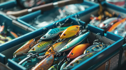 Colorful fishing lures in tackle box, assorted bait options, organized for fishing trips, fishing equipment concept
