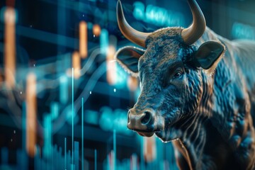 A bull sculpture conveys strength and optimism as financial data visualizations display rising trends and market indicators in a digital environment.
