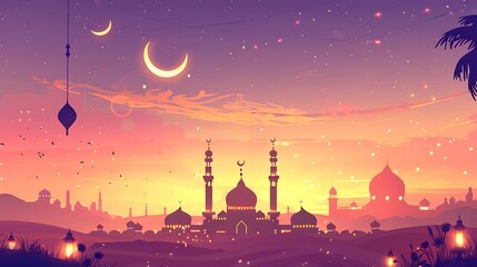 Naklejka premium Mosque Silhouette at Sunset with Crescent Moon and Stars