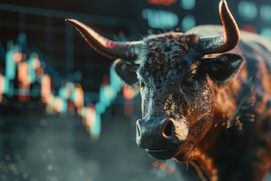 A bull is featured prominently against a backdrop of a digital financial chart, highlighting market trends and stock fluctuations in a business setting. - Powered by Adobe