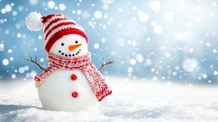 Fototapeta premium Little cute snowman in a knitted hat and scarf on snow on a sunny winter day. Christmas card