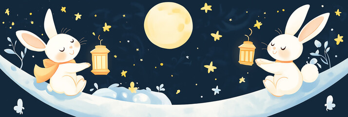 Whimsical Cartoon Rabbits on the Moon with Tiny Lanterns and Smiling Faces

