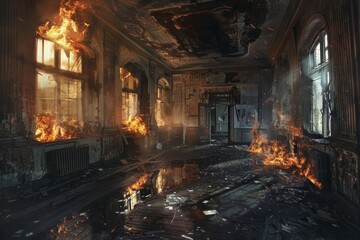 The interior of a forsaken room is consumed by fire, with flames rising from the debris and smoke filling the air, creating a haunting atmosphere at dusk.