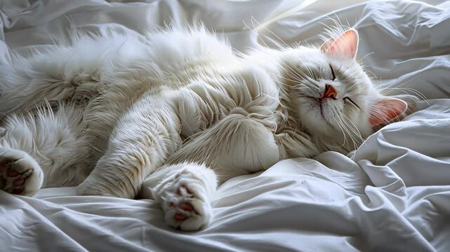 Fluffy white cat peacefully sleeping on a cozy bed in soft morning light at home