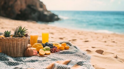 Summer picnic on the beach with fresh fruit, juice and a blanket.