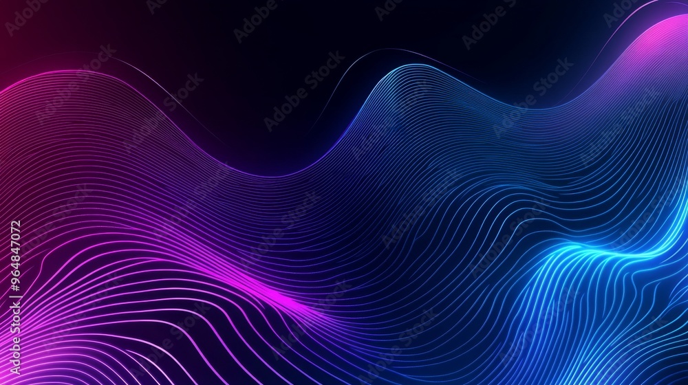 Poster blue gradient background with neon light curved lines and shapes showcasing graphic design elements 