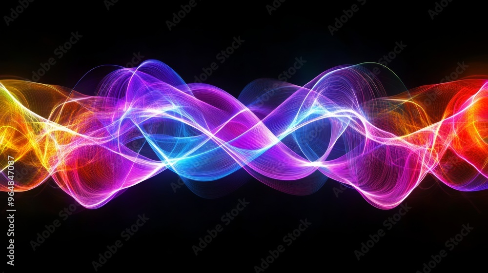 Poster featuring smooth multicolored lines against a dark background, this abstract line art serves as a de