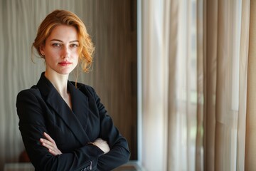 A confident woman stands with her arms crossed in a stylish office, illuminated by soft, natural light filtering through sheer curtains, exuding professionalism.