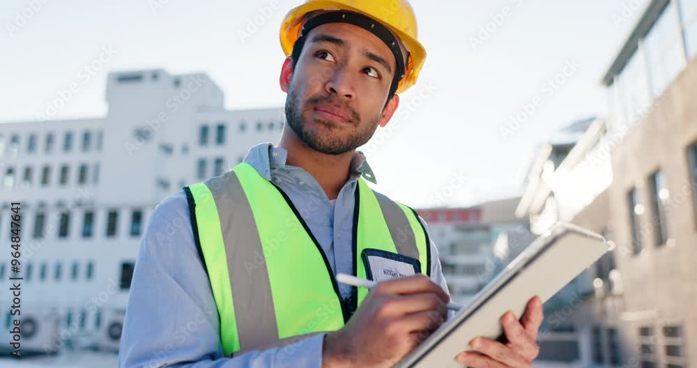 Aufkleber engineering, tablet and inspection with man in city for project management, digital blueprint and pl