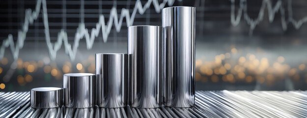 Metallic cylinders in varying sizes in front of a stock market graph, representing business and financial growth.