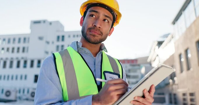 Engineering, tablet and inspection with man in city for project management, digital blueprint and planning. Architecture, technology and structural design with contractor for urban development