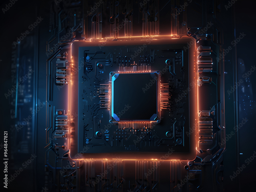 Poster futuristic computer processor with neon accents and digital effects