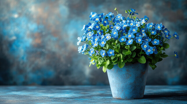 A cute light blue Forget-me-nots flowers bouquet with a small white square card, some cute wild small flower, soft lighting․