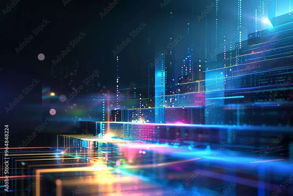 Poster vibrant patterns of light in a digital format convey a sense of data flow and innovation in an urban
