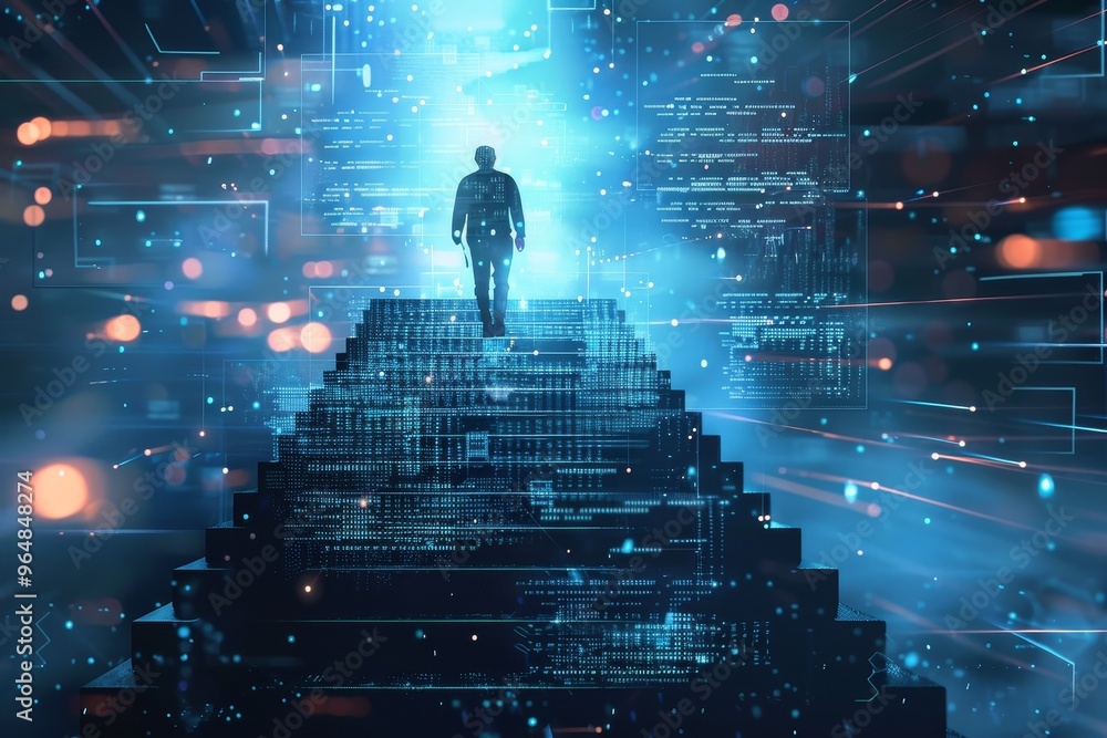 Poster a person walks up illuminated digital stairs surrounded by vibrant data streams and abstract pattern