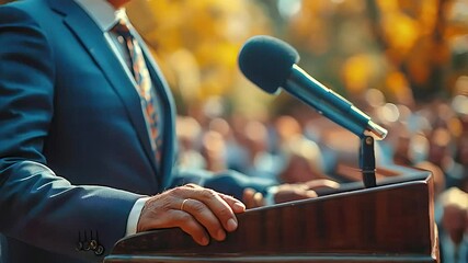 A presidential candidate stands at a podium, delivering a speech with the American flag in the background. The slow-motion video captures the political rally, symbolizing democracy and leadership.