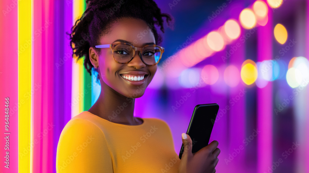 Canvas Prints A smiling woman holding a cell phone in front of colorful background, AI