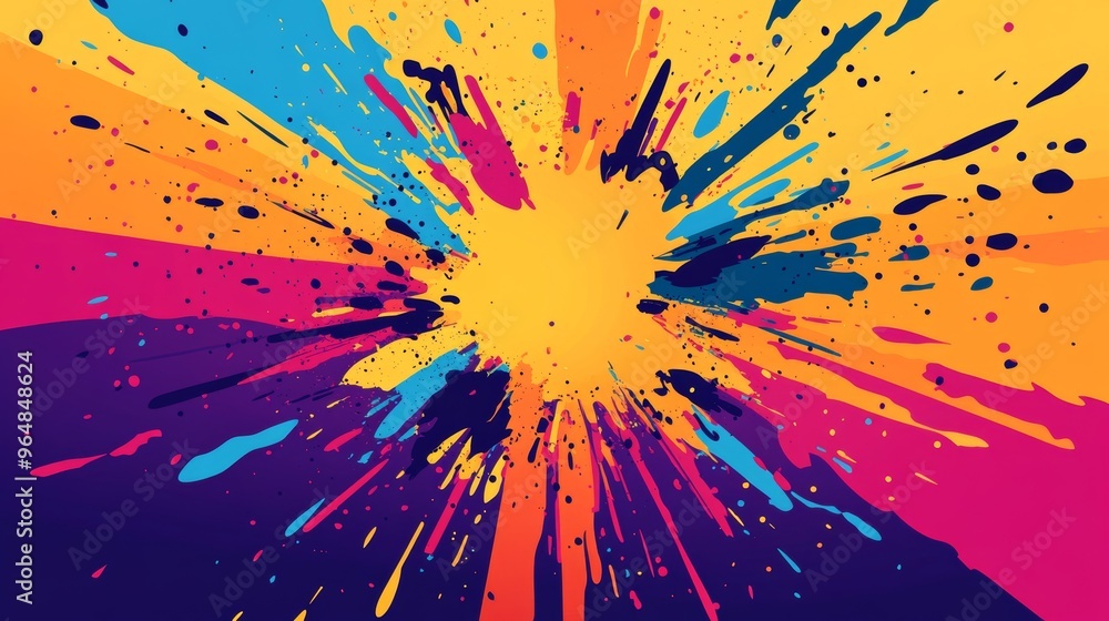 Poster an abstract drawing of a star explosion displaying colorful particles and rays arranged on an abstra