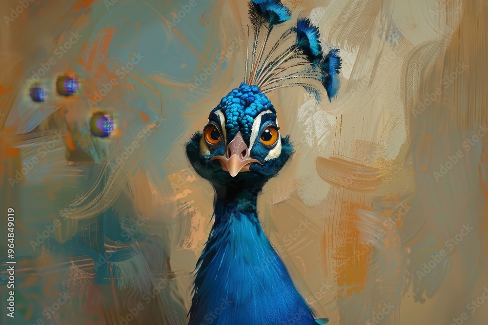Aufkleber A peacock stands confidently with its colorful feathers highlighted against a warm, abstract backdrop, displaying its unique charm in broad daylight.