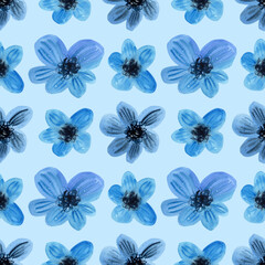 Watercolour blue delicate flowers illustration seamless pattern. On blue background. Hand painted floral elements. Drawn Botanical. For fabric, wallpaper, wrapping. Summer, spring vibes print decor