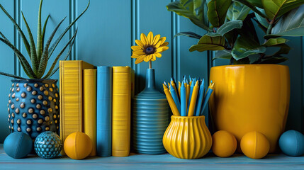 Desktop with houseplants in yellow and blue pots, organiser with blue and yellow color pencils and a books. Home office concept.