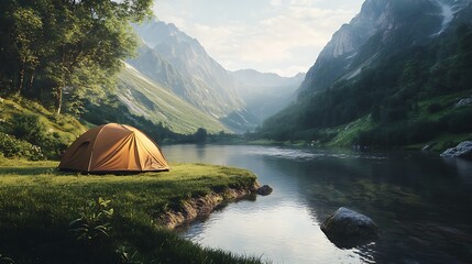A picturesque scene of a camping tent nestled on a grassy expanse next to a crystal-clear river, framed by towering mountains.