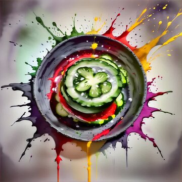 A cucumber in a bowl with paint splatters around it