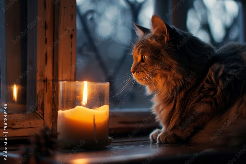 Poster a curious cat sits by a window, captivated by the soft glow of a candle's flame as evening sets in, 