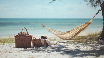 Two picnic baskets, a straw hat, and a blanket lay on a white sandy beach with a hammock hanging from a tree with blue ocean water in the background.