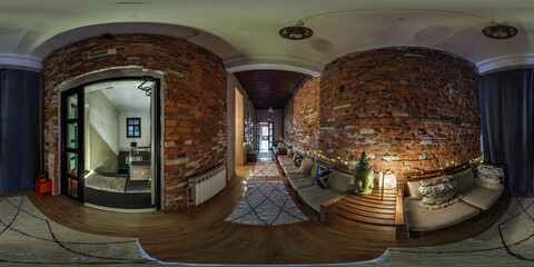 360 hdri panorama in loft reception near emergency and evacuation exit stair in red bricks wall...