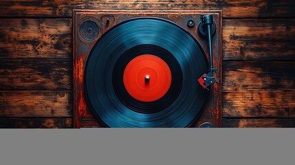 Vintage record player with spinning vinyl on rustic wood background.